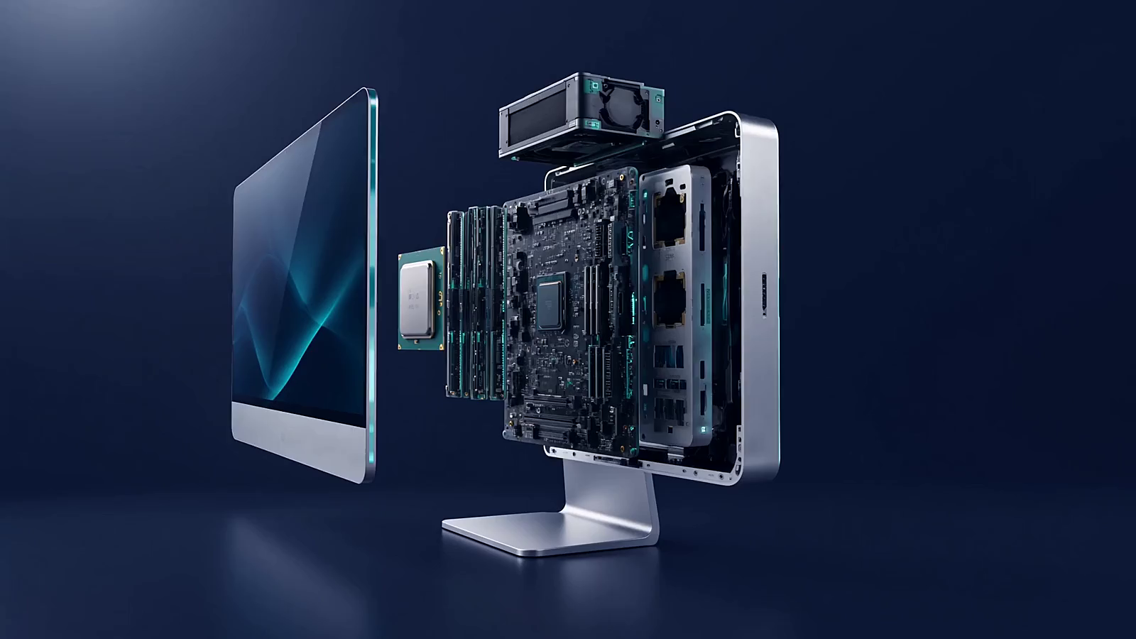 Exploded computer with individual hardware components